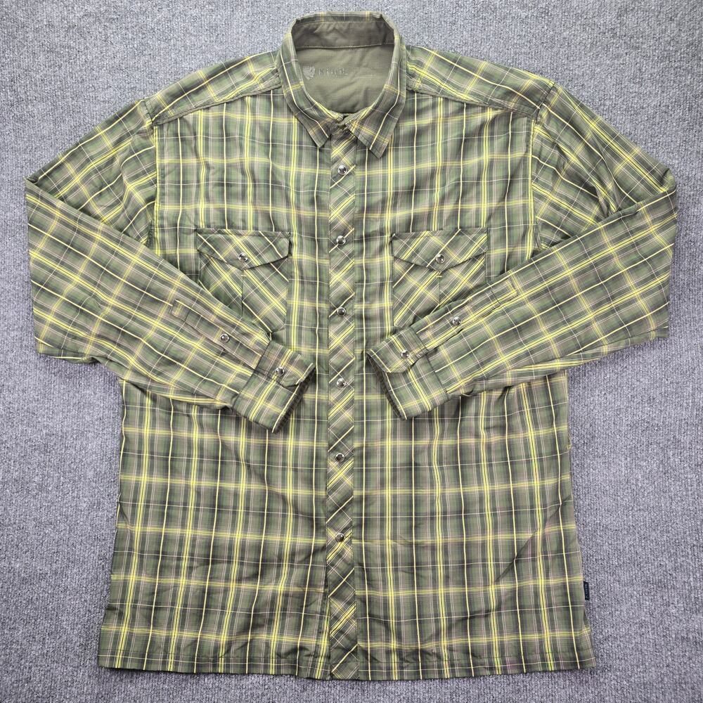 Kuhl Eluxur Shirt Mens XL Green Yellow Plaid Long Sleeve Hiking Outdoor Pockets